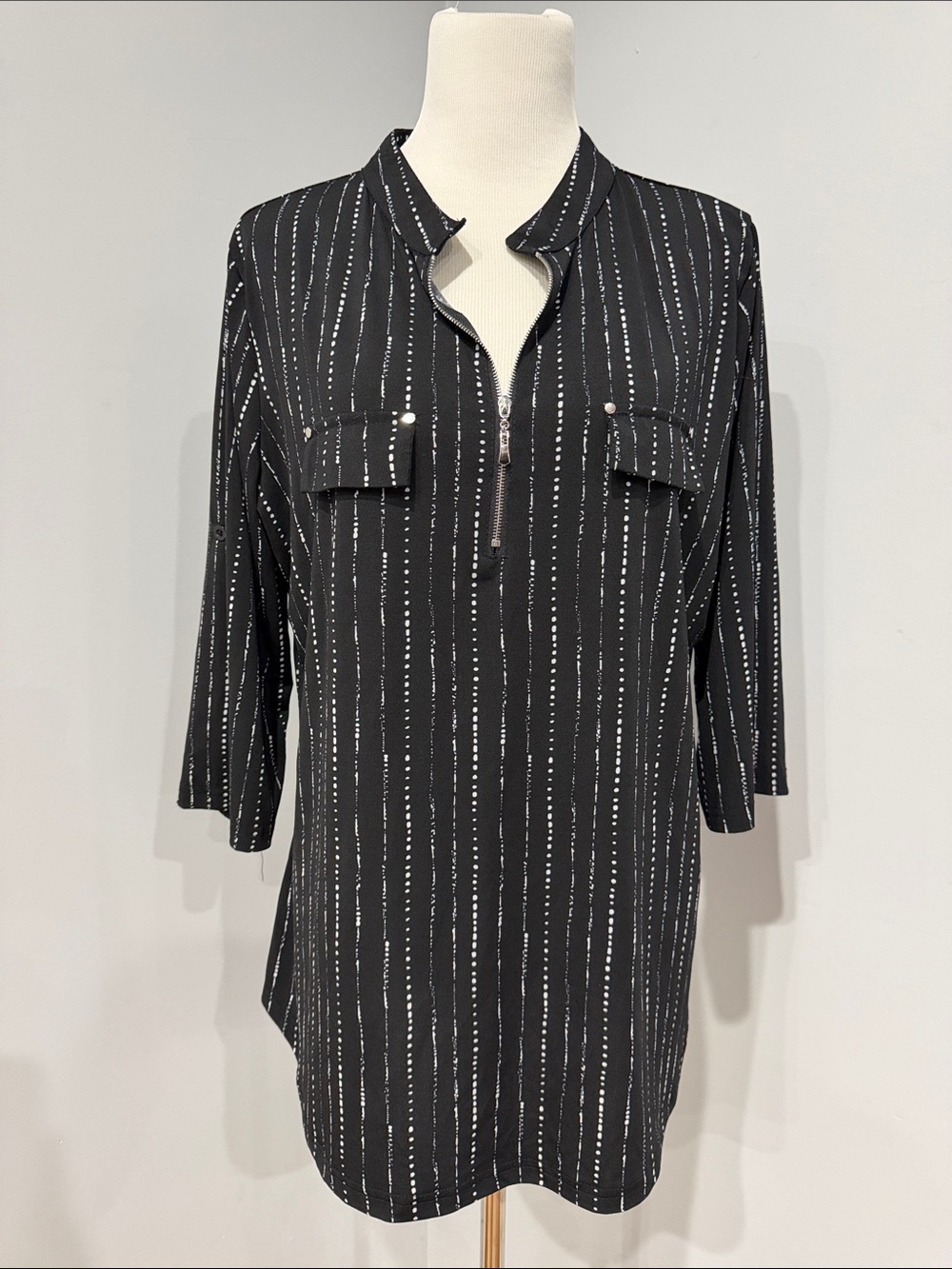 Black Striped Zip-Neck Swim Coverup Tunic
